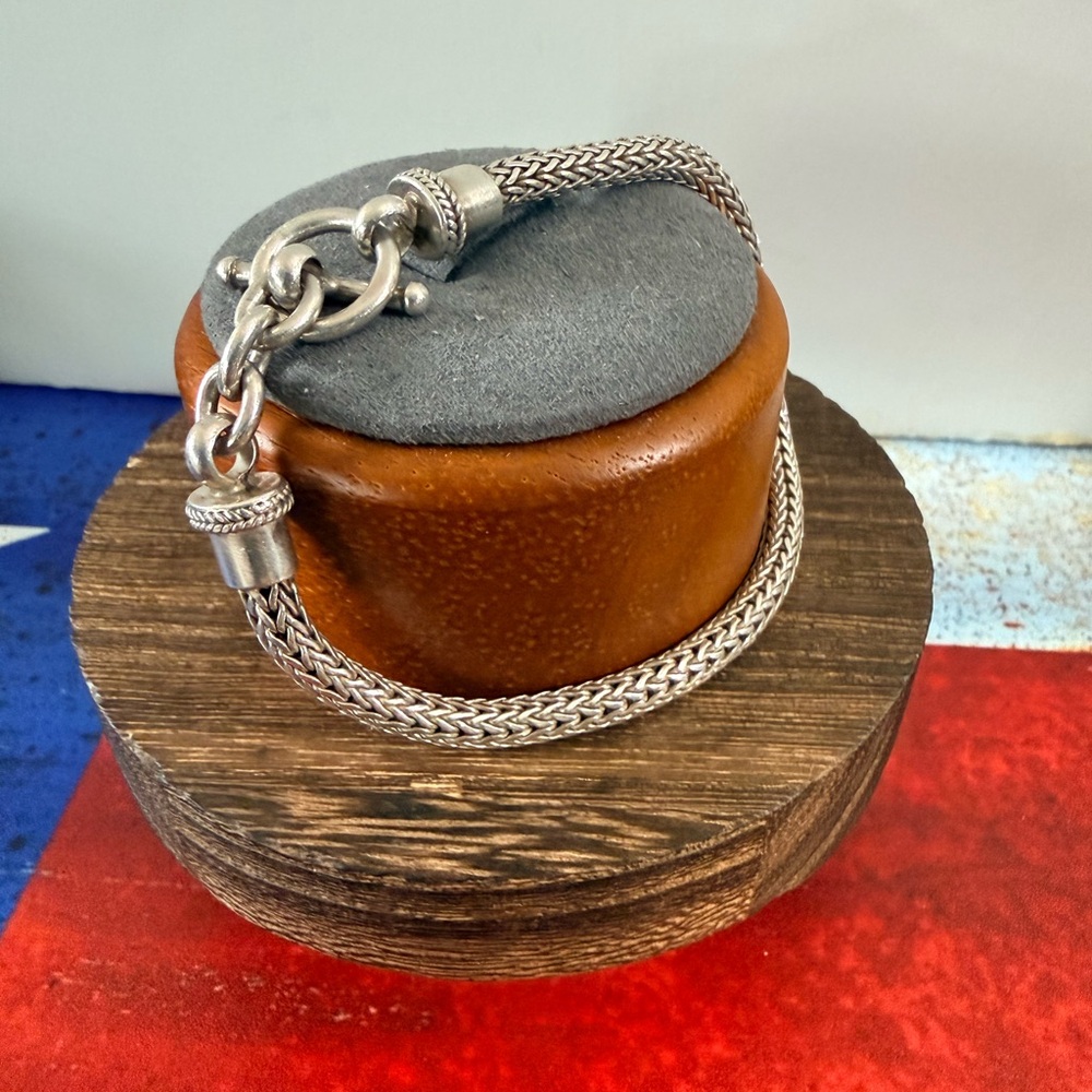 925, Silver Braided Wheat Style Toggle Clasp Bracelet 7.25”